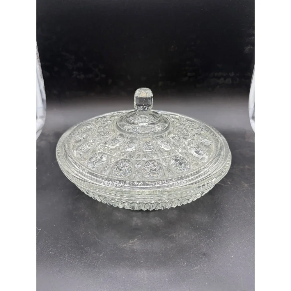 Vintage Clear Pressed Glass Thousand‎ Eye Candy Dish with Lid Round Compote